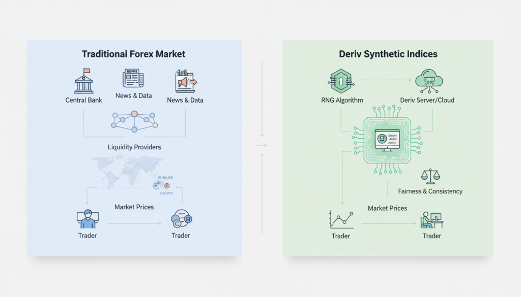 Comparison infographic showing traditional forex market structure with banks and news events versus Deriv synthetic indices powered by random number generator algorithm