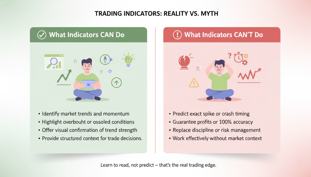 Comparison infographic showing realistic capabilities versus common misconceptions about trading indicators