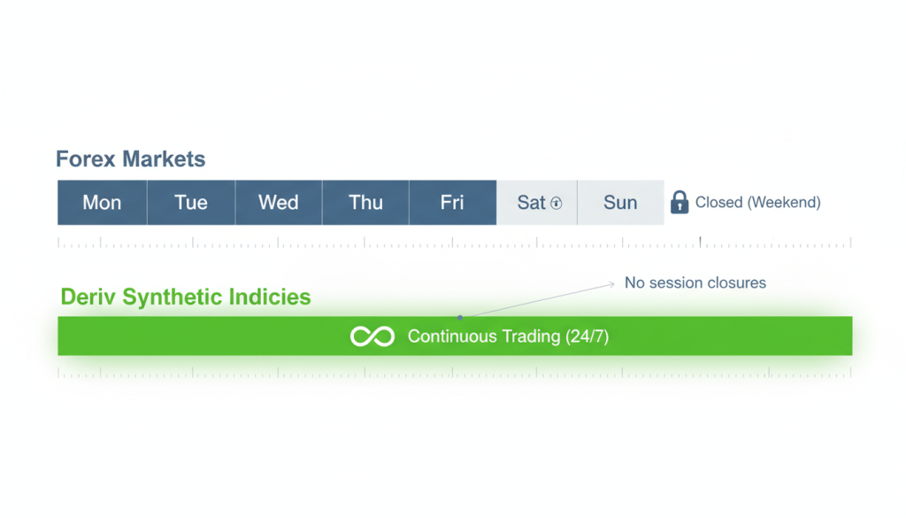 Timeline comparison chart displaying traditional forex trading hours with weekend gaps versus Deriv synthetic indices showing continuous 24/7 availability
