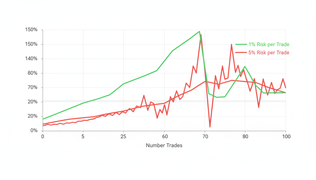 Position sizing impact: 1% risk per trade vs 5% risk over 100 synthetic index trades"
Alt Text: Line graph comparing two equity curves showing account balance progression with conservative 1 percent position sizing versus aggressive 5 percent sizing over 100 trades on synthetic indices
