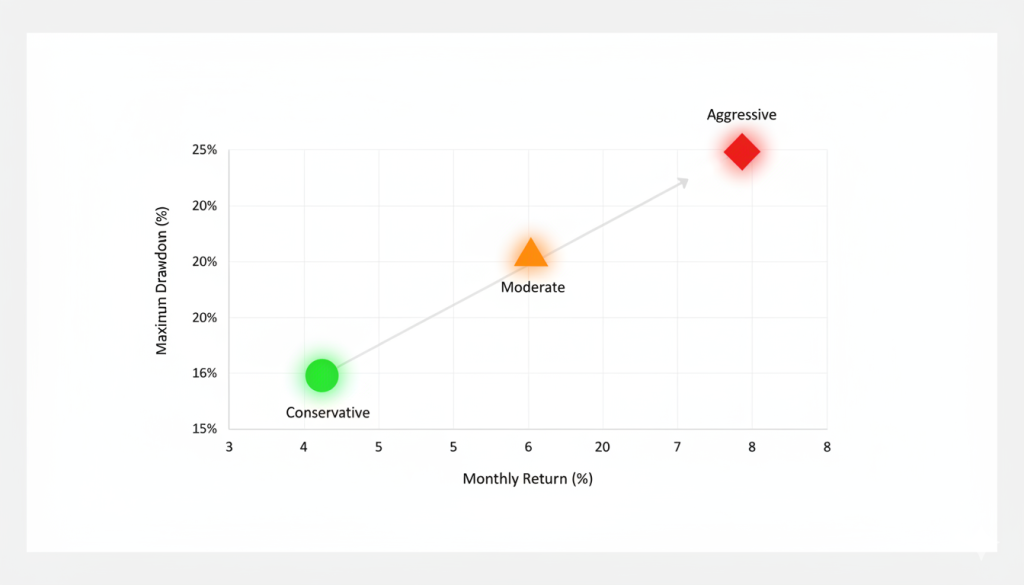Strategy matrix chart showing conservative, moderate, and aggressive trading approaches mapped against realistic monthly return percentages and maximum drawdown tolerance levels for Deriv synthetic indices